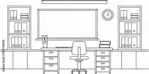 Simple line drawing of a classroom with desk chair and bookshelves