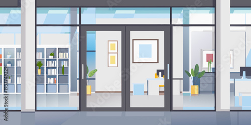 Modern office interior view through glass doors and lobby space