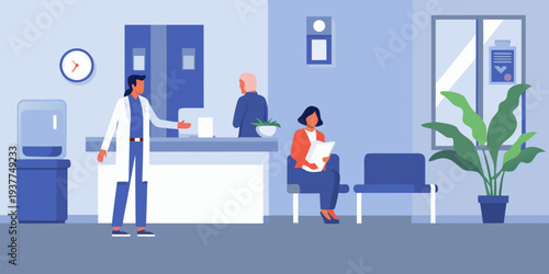Waiting room scene with doctor patients and medical equipment