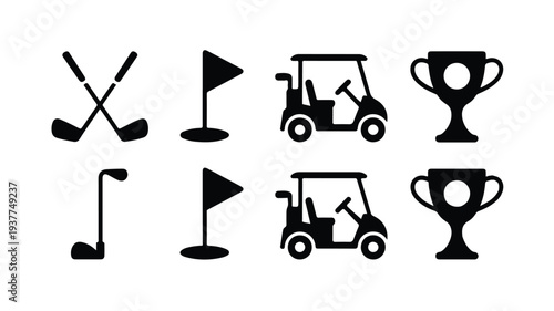 Golf icons including clubs flags carts and trophies on white background