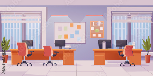 Modern office workspace with desks computers and a collaborative whiteboard