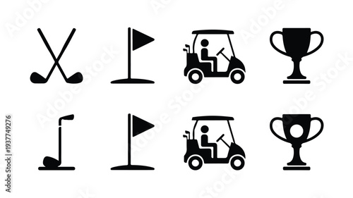 Golf icons set including clubs flag golfcart and trophy