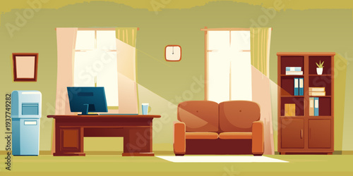 A brightly lit home office interior with a desk chair and bookshelf