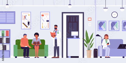 Waiting room scene with patients doctor and office decor