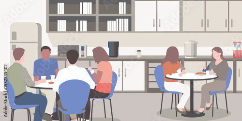 People gathered around tables in a modern minimalist kitchen setting