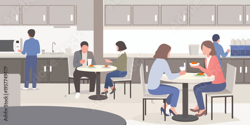 People interacting and eating lunch in a modern office breakroom setting