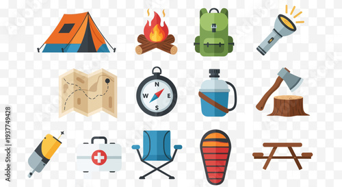 Camping Gear Icons: Tent, Fire, Backpack, Map, Compass, Axe, First Aid Kit