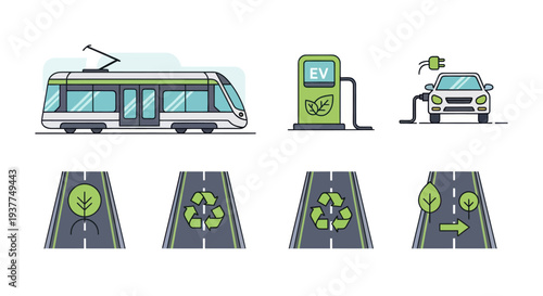 Eco-friendly transportation: electric car, tram, charging station, and green road symbols