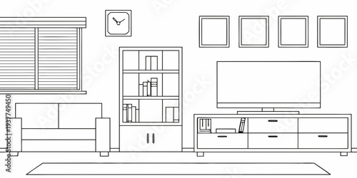 Minimalist living room interior with furniture and a wall clock