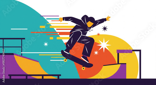 Skateboarder performing a trick at an outdoor skate park with ramps and abstract shapes