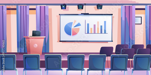 A brightly colored presentation stage with a pie chart on screen