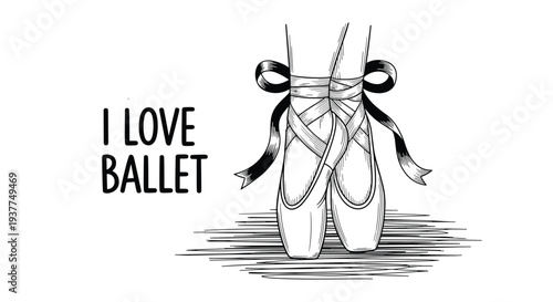 Hand drawn illustration of a pair of elegant ballet pointe shoes with black ribbons and the text I Love Ballet.