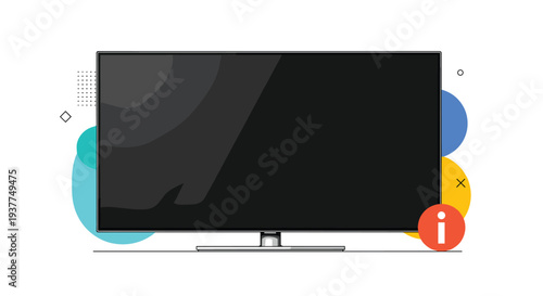 Large wide screen modern flat panel television centered against a background of colorful shapes and an information icon.