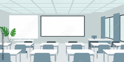 Minimalist classroom with a blank projection screen and rows of desks