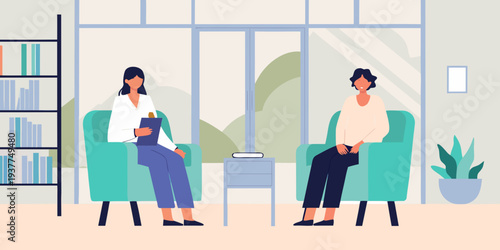 Two women are engaged in a therapy session within a calming office setting