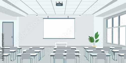 Minimalist classroom interior with a projector screen and student desks