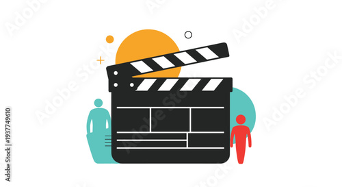 Movie clapperboard silhouette against colorful abstract circles and human figures, representing the film industry, cinema production, and media.