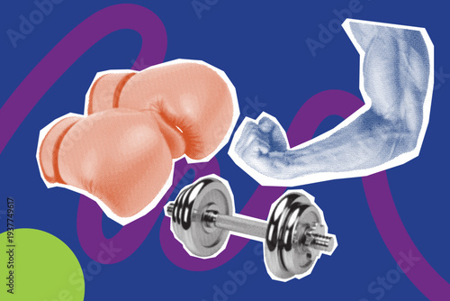Creative collage style composition combining abstract human body forms with fitness elements representing strength physical training and modern active lifestyle energy