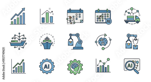 AI Business Growth and Logistics Icons: Data, Planning, Shipping, Automation, Brain