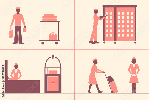 Hotel staff performing various tasks including carrying luggage and cleaning