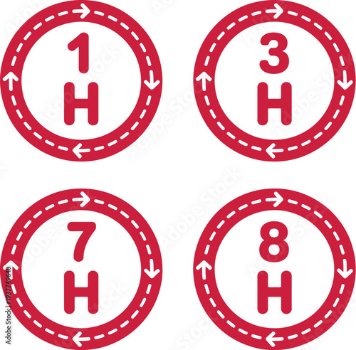 A set of red circular icons with hour labels and arrows