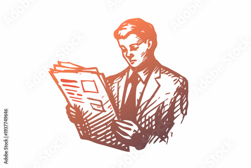 A vintage illustration of a man intently reading a newspaper