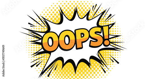 Colorful comic book speech bubble with the word oops written in bold letters over a yellow halftone sunburst effect on a white background icon.