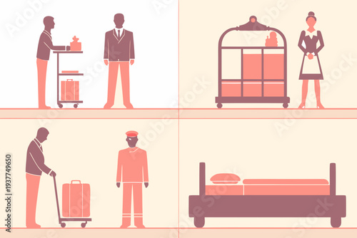 Hotel service icons featuring staff luggage and room amenities