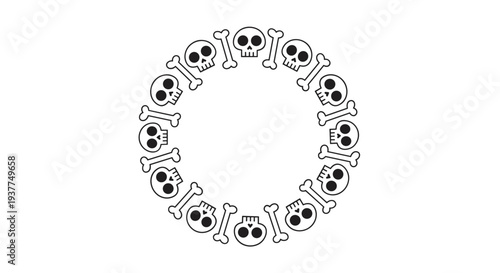 Spooky circular wreath pattern made of white cartoon skulls and crossed bones, perfect for halloween decorations, pirate themes, or gothic art.
