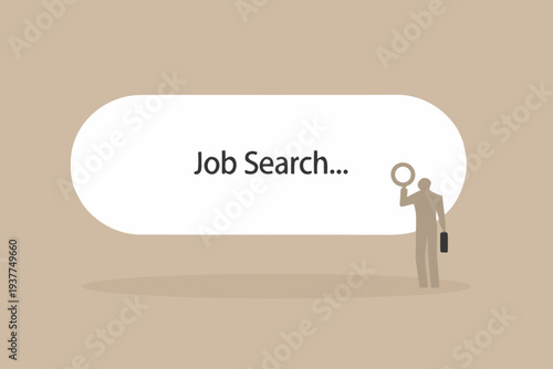 A businessman searches for job opportunities using a magnifying glass
