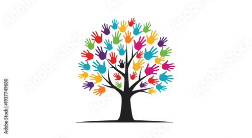 Vibrant tree illustration with a black trunk and branches where the leaves are represented by numerous colorful handprints in a circular canopy.