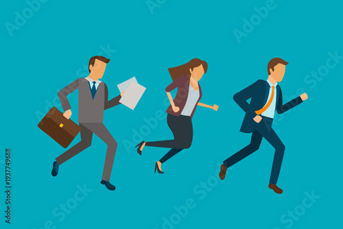 Three business professionals are depicted running with determined expressions