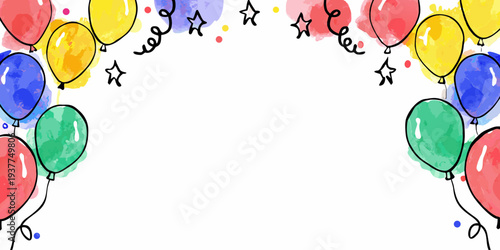 Colorful watercolor balloons and stars forming a festive border design