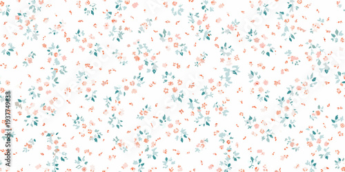 Delicate floral pattern with scattered peach and teal blossoms