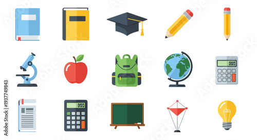 Education Icons Set: Books, Graduation Cap, Apple, Globe, Microscope, Calculator, Lightbulb