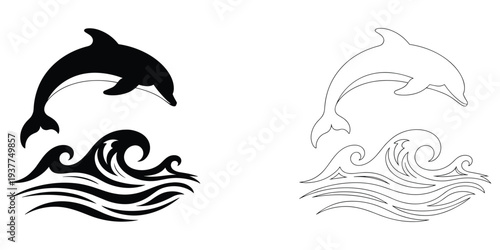 Black Silhouette and Outline of Dolphin Jumping Over Stylized Waves line art