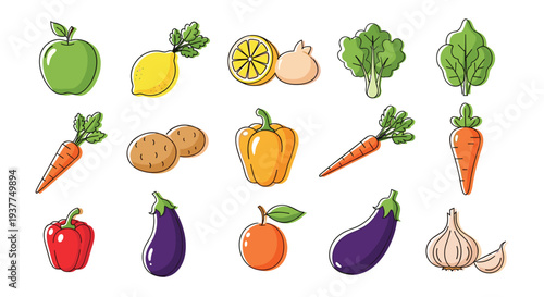 Grid of various hand-drawn food icons including fruits and vegetables like apple, carrot, lemon, eggplant, and pepper with colorful offsets art.