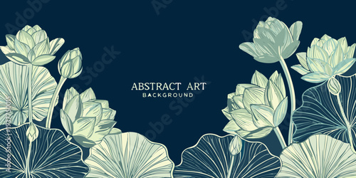Elegant floral design featuring stylized lotus blossoms and leaves