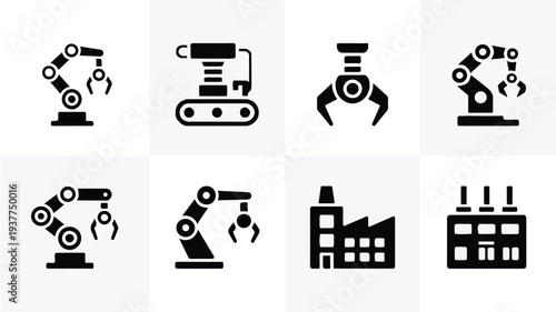 Industrial robotic arms and factory icons for manufacturing and automation concepts