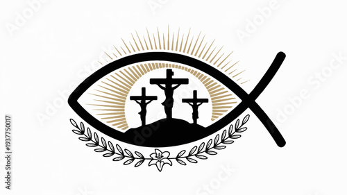 Symbolic christian fish eye with crosses and laurel wreath on white background