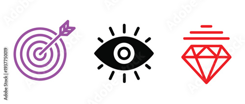 A graphic design featuring a target with an arrow an all seeing eye and a diamond