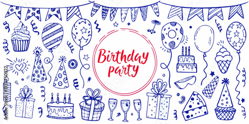 Hand drawn birthday party doodles with balloons cake and celebratory elements