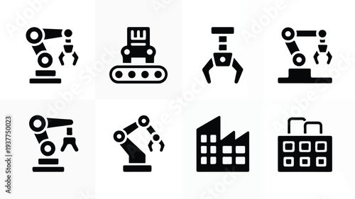 Industrial robotic arm icons and factory symbols for manufacturing and automation concepts