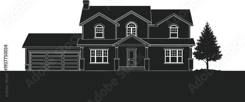 House silhouette illustration, residential building design, black and white artwork, architectural vector, home facade sketch, decorative outline, modern real estate symbol