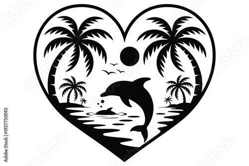 Black Silhouette Heart Shape With Tropical Beach Scene And Dolphin vector illustration