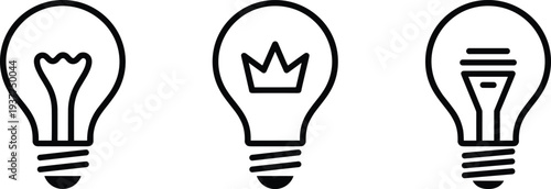 Light bulb vector icons set featuring crown and filament designs, symbolizing creative ideas, royalty in innovation, intelligence, and business inspiration.