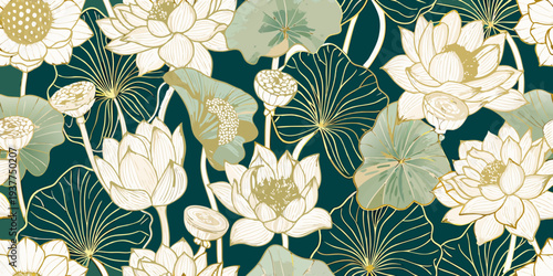 Elegant floral pattern featuring golden lotus flowers on a teal background
