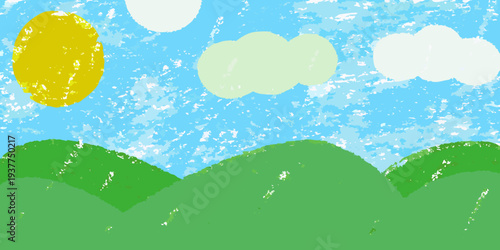 A cheerful childlike drawing depicts a sunny day with green hills