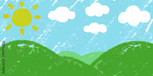 A cheerful childlike illustration of a sunny day with green hills