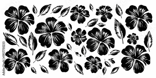 Black and white floral arrangement with hibiscus and tropical leaves